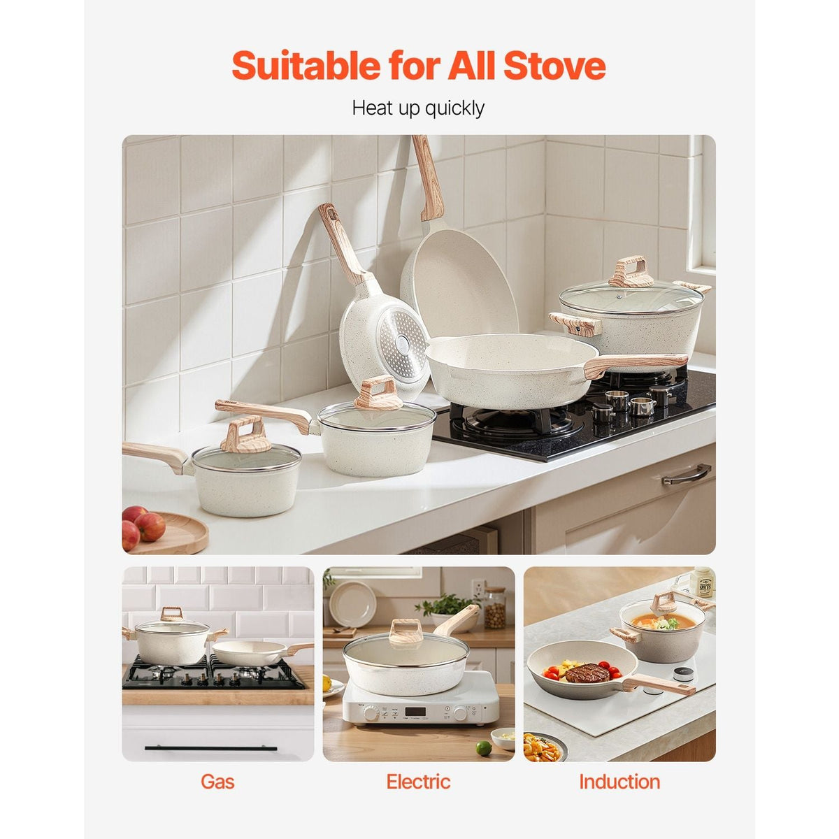 VEVOR 17-Piece Granite Nonstick Cookware Set with Lids White