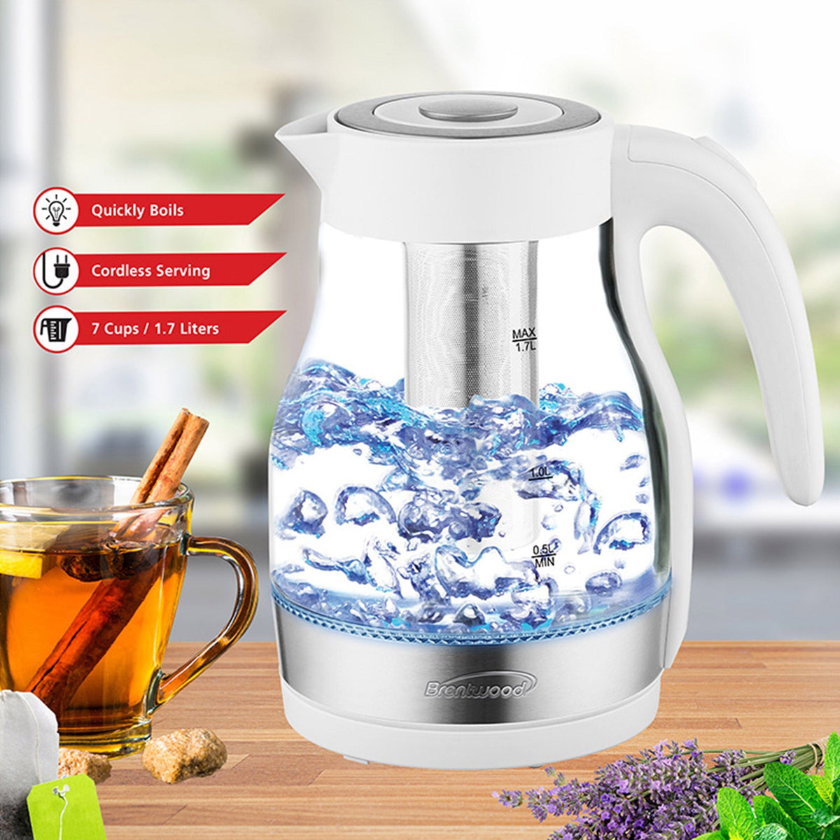 Brentwood 1.8-Quart Glass Electric Kettle with Tea Infuser in White