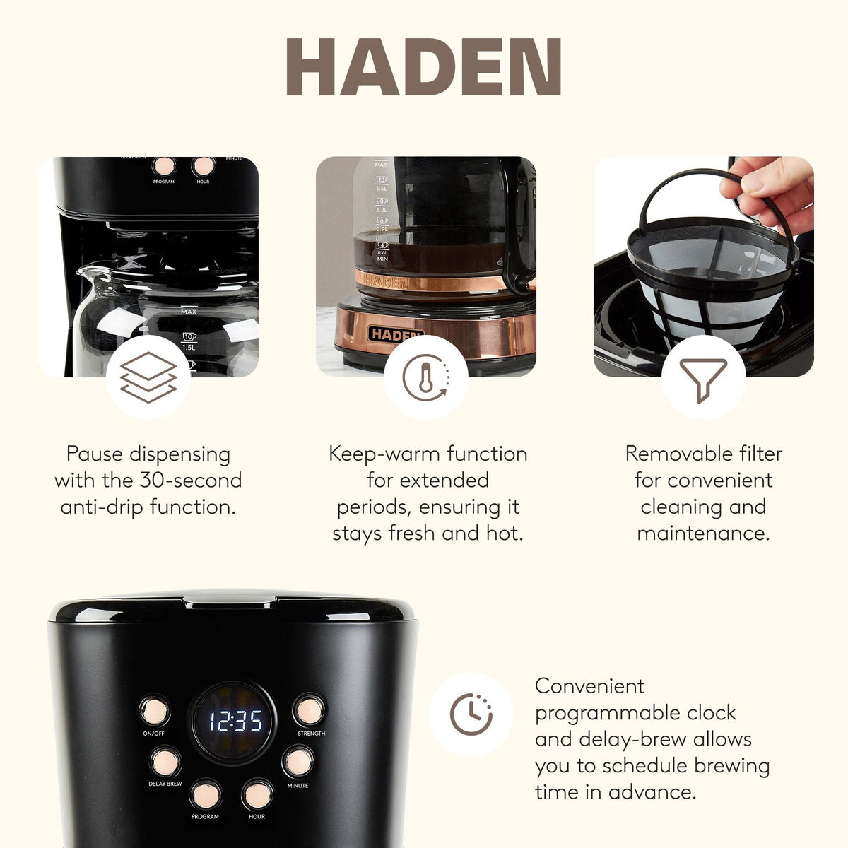 Haden Dorset 1.7L Kettle and 12-Cup Coffee Maker Black and Copper