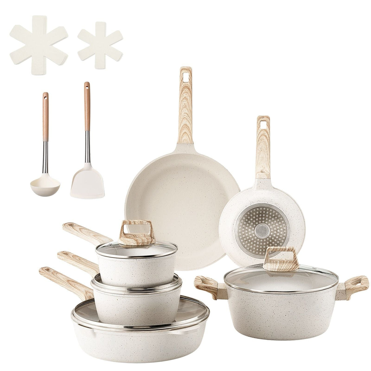 VEVOR 17-Piece Granite Nonstick Cookware Set with Lids White