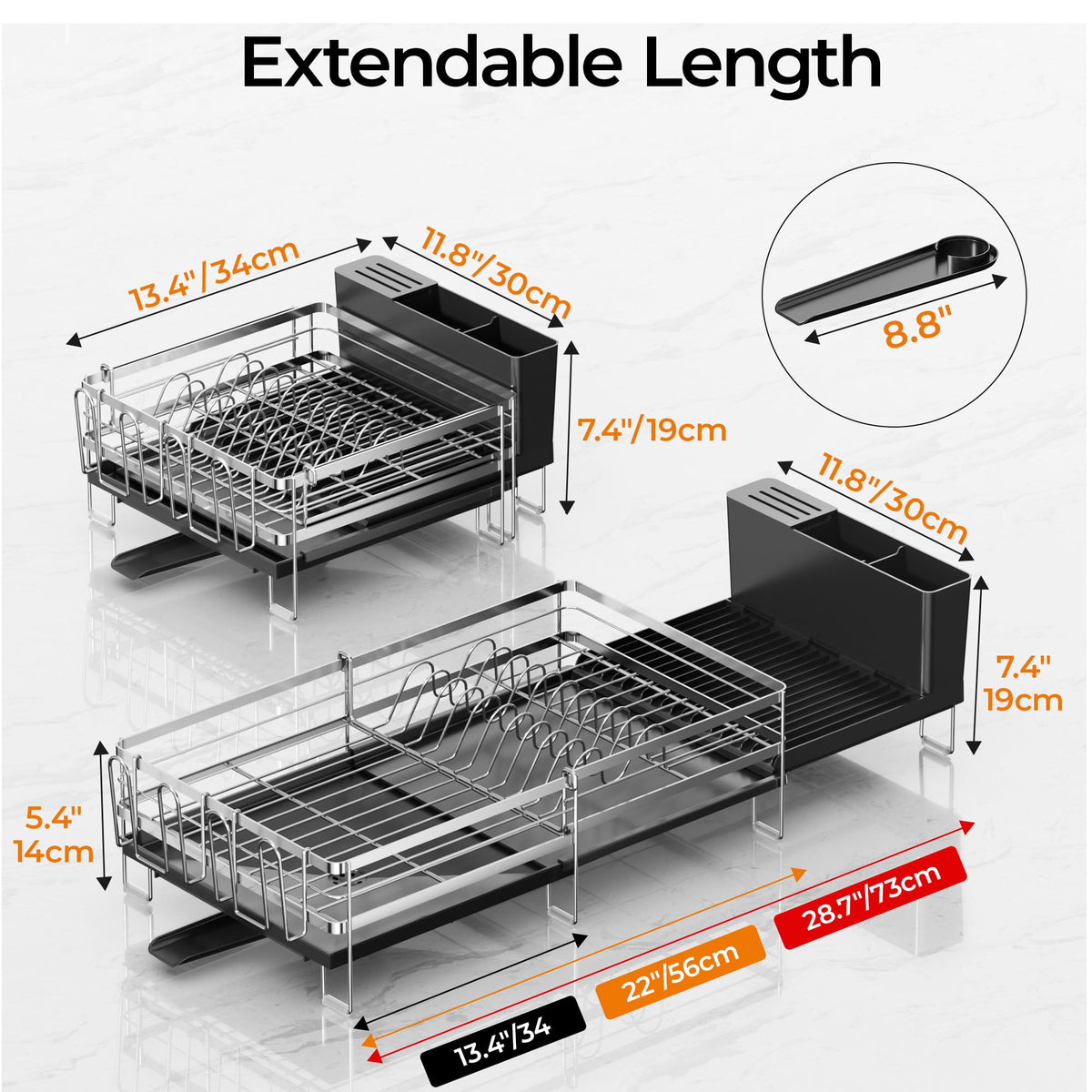 Stainless Steel Expandable Dish Drying Rack with Drainboard