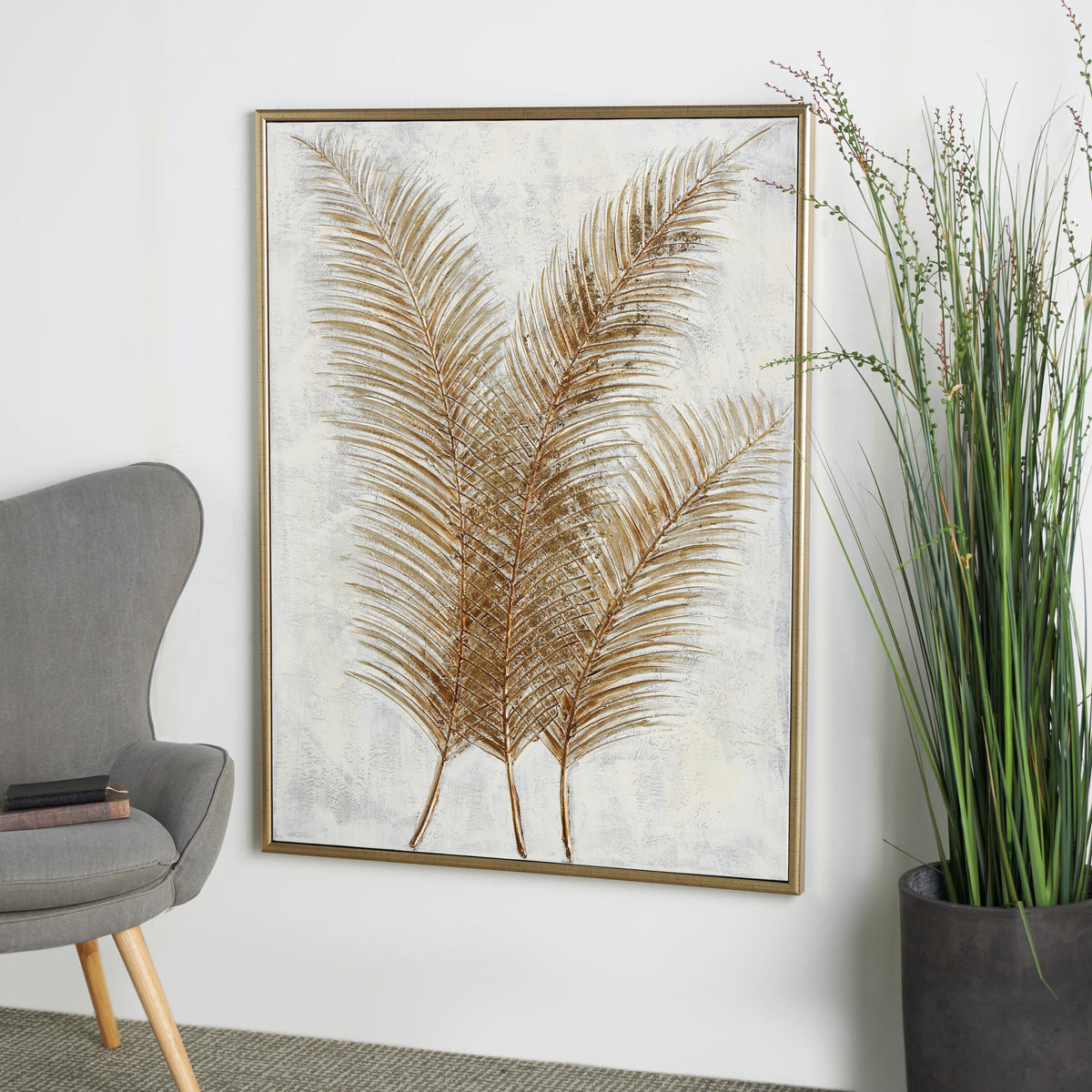 CosmoLiving by Cosmopolitan Gold Canvas Leaf Framed Wall Art 43978