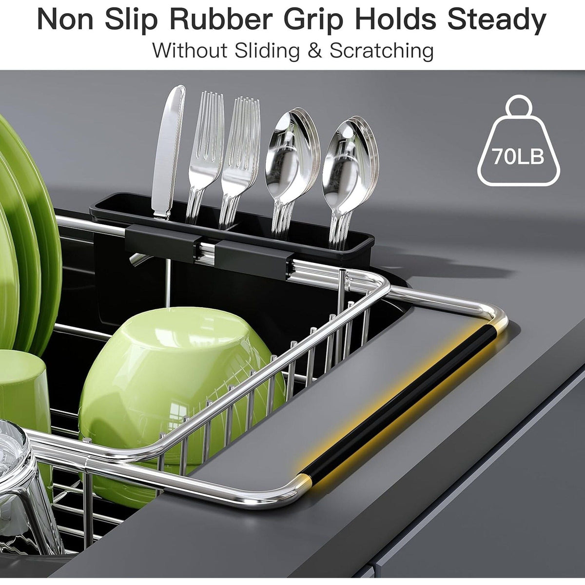 Expandable Stainless Steel Dish Drying Rack with Utensil Holder
