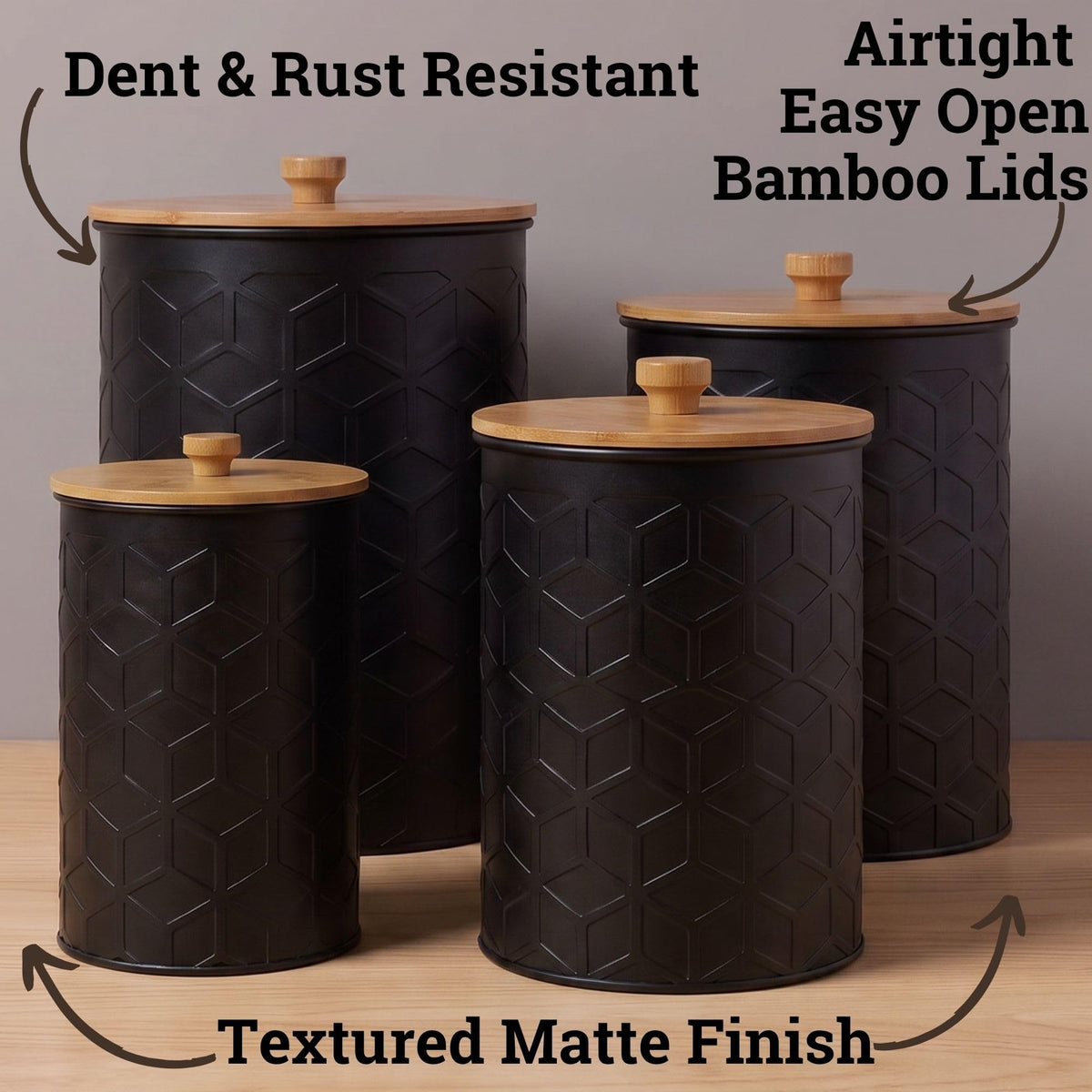 Black Textured Iron Kitchen Canisters Set of 4
