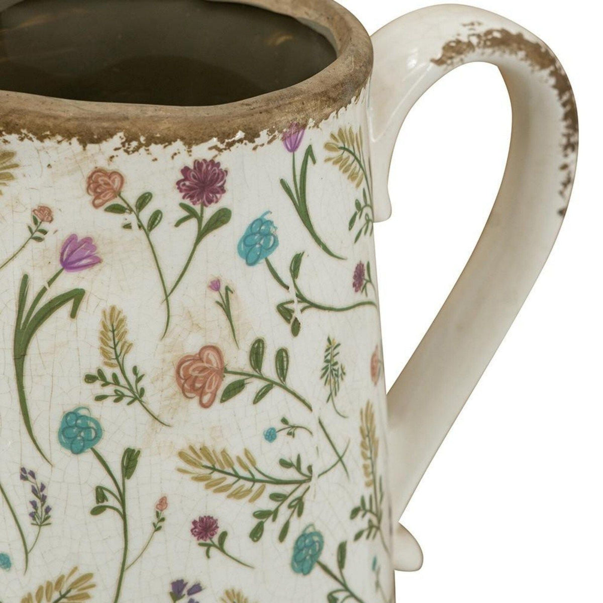 Ceramic Pitcher Vase with Floral Motif and Textured Rim