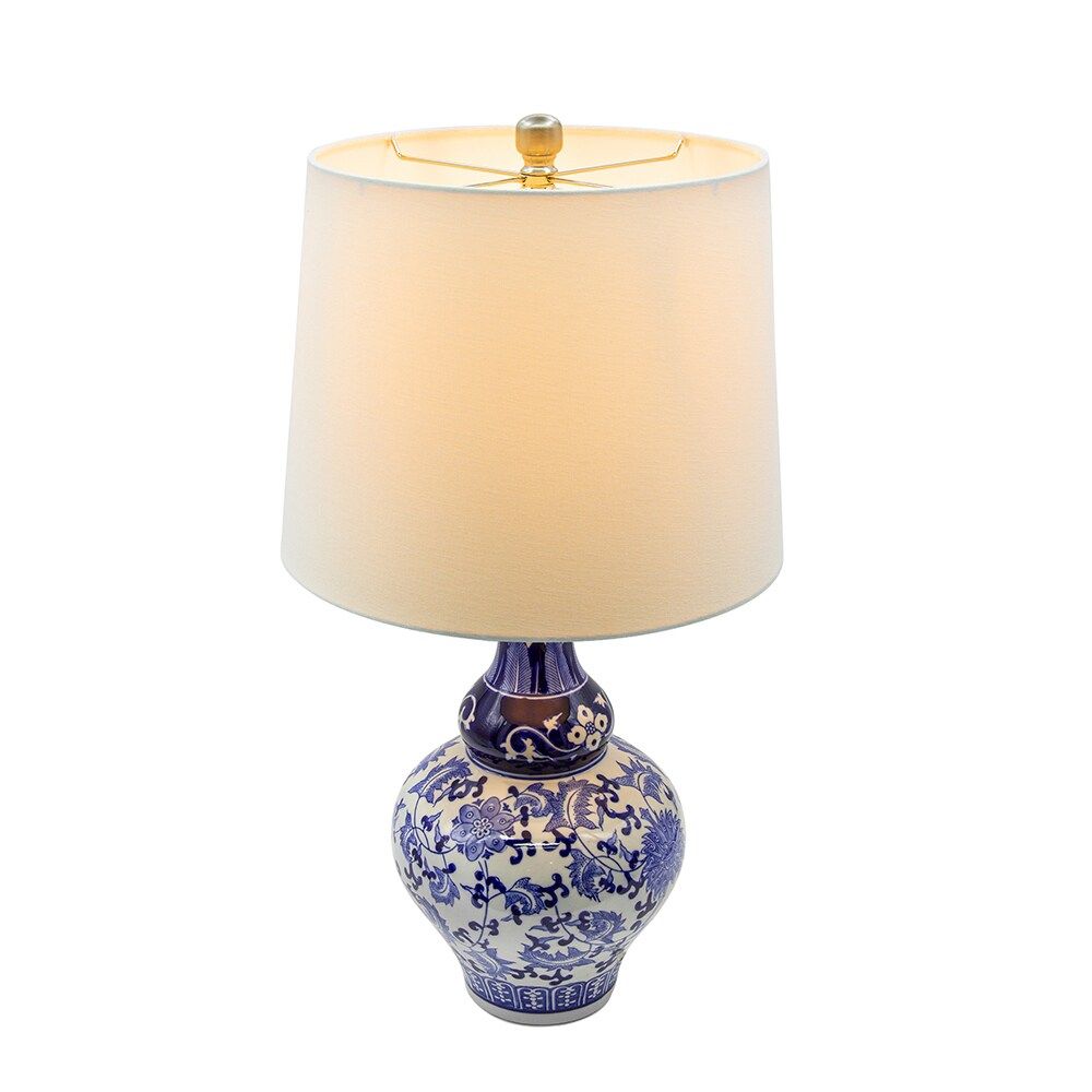 Blue and White Ceramic Vase Table Lamp with White Linen Shade