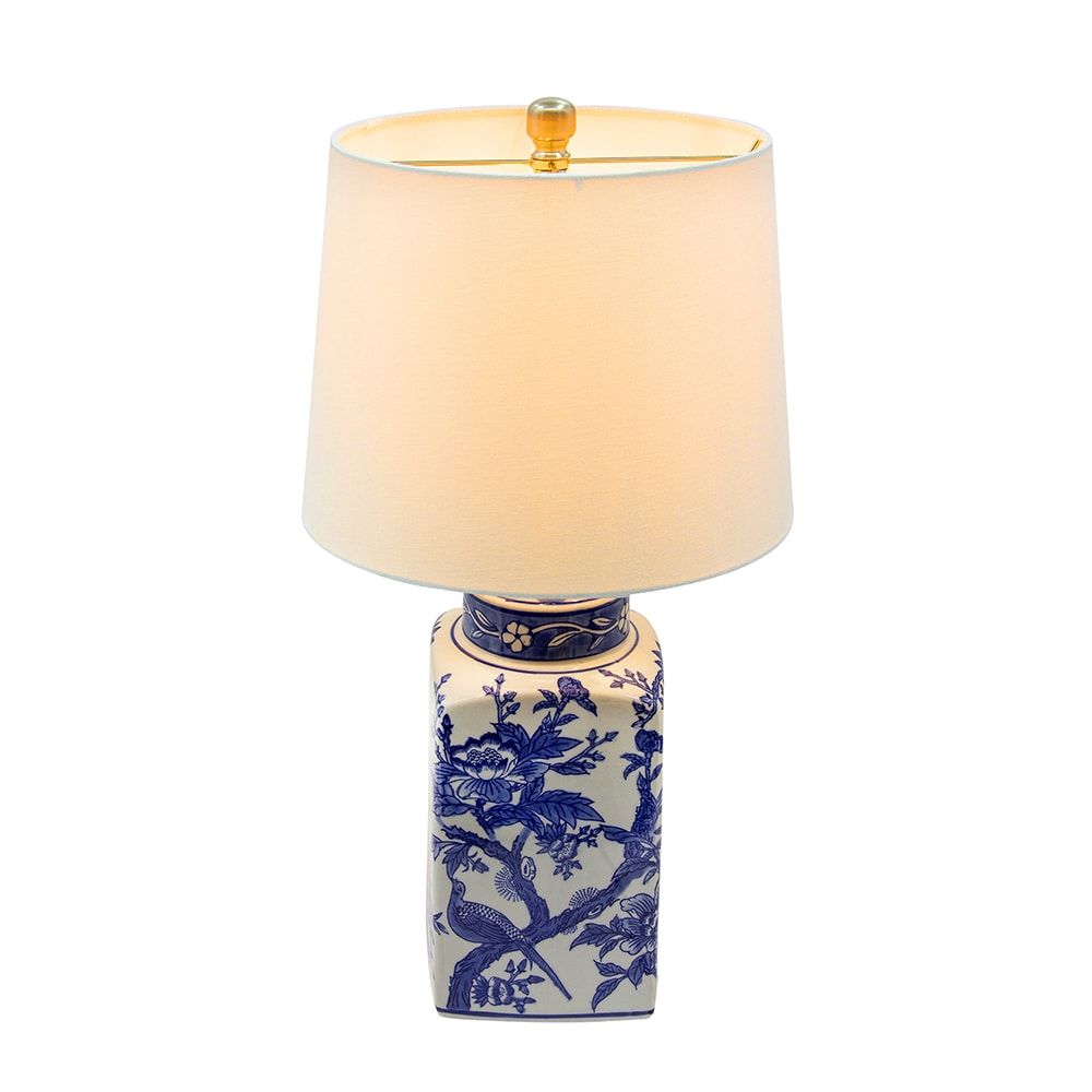 Misty Moon Blue and White Ceramic Vase Table Lamp with White Linen Shade