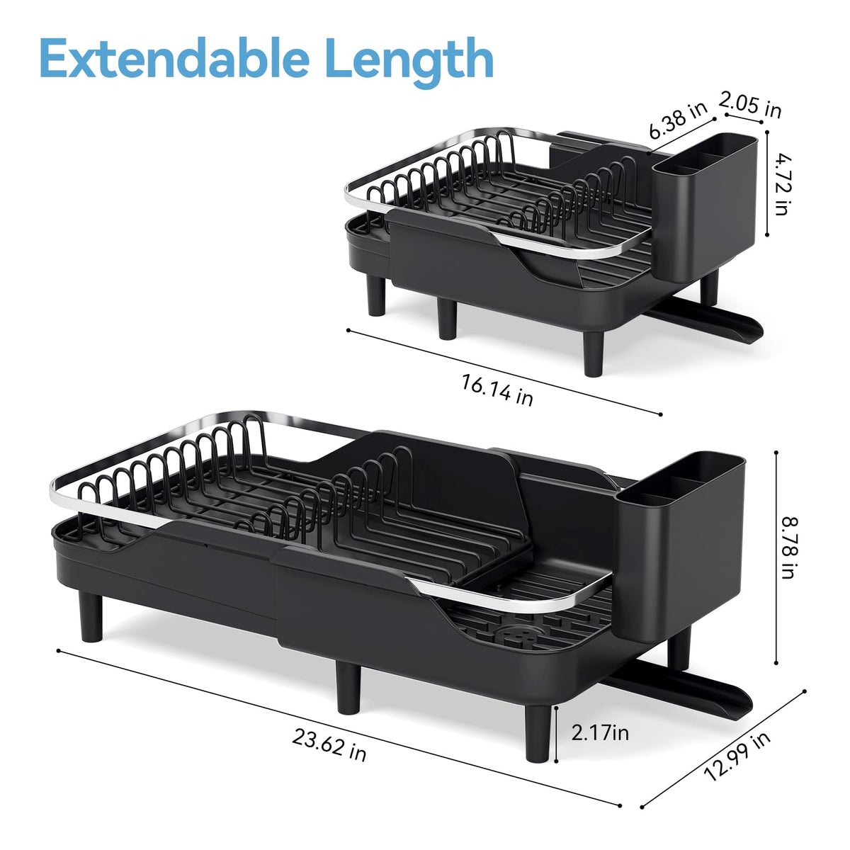 Expandable Stainless Steel Dish Drying Rack with Spout Black