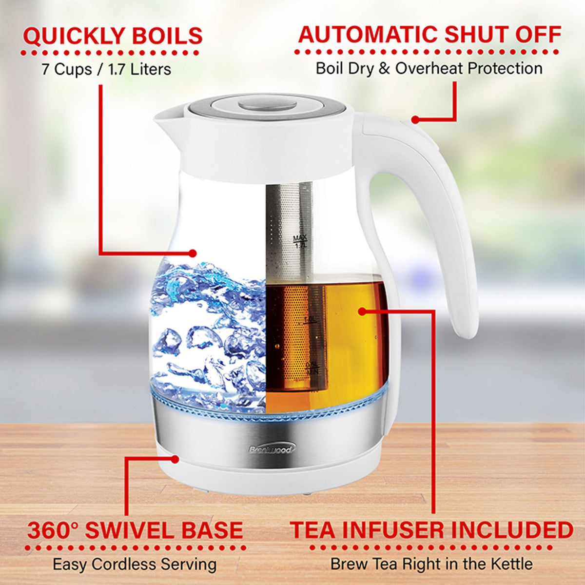 Brentwood 1.8-Quart Glass Electric Kettle with Tea Infuser in White