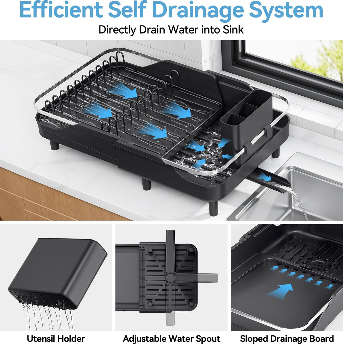 Expandable Stainless Steel Dish Drying Rack with Spout Black