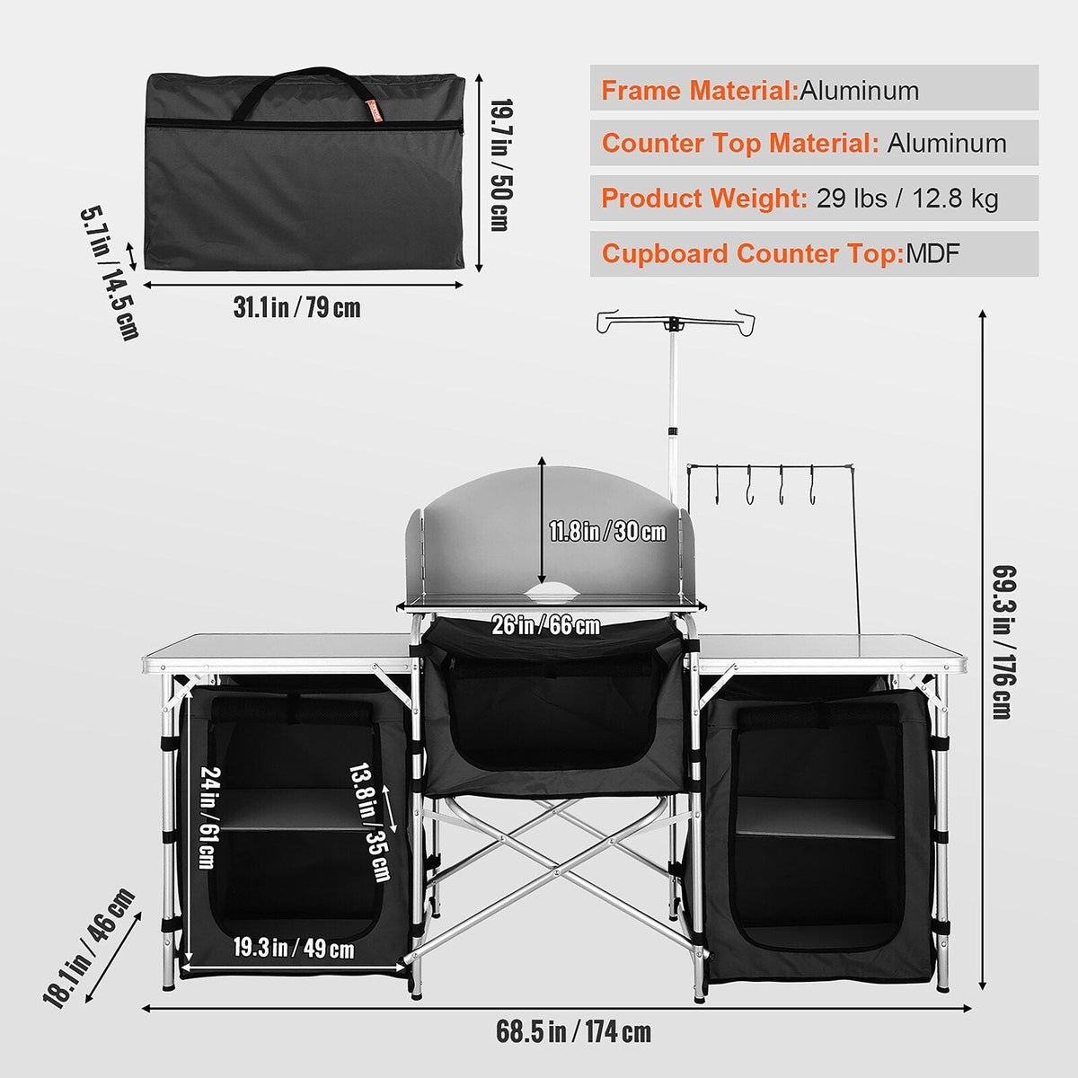 VEVOR Aluminum Folding Camping Table with Windscreen and Storage Bag