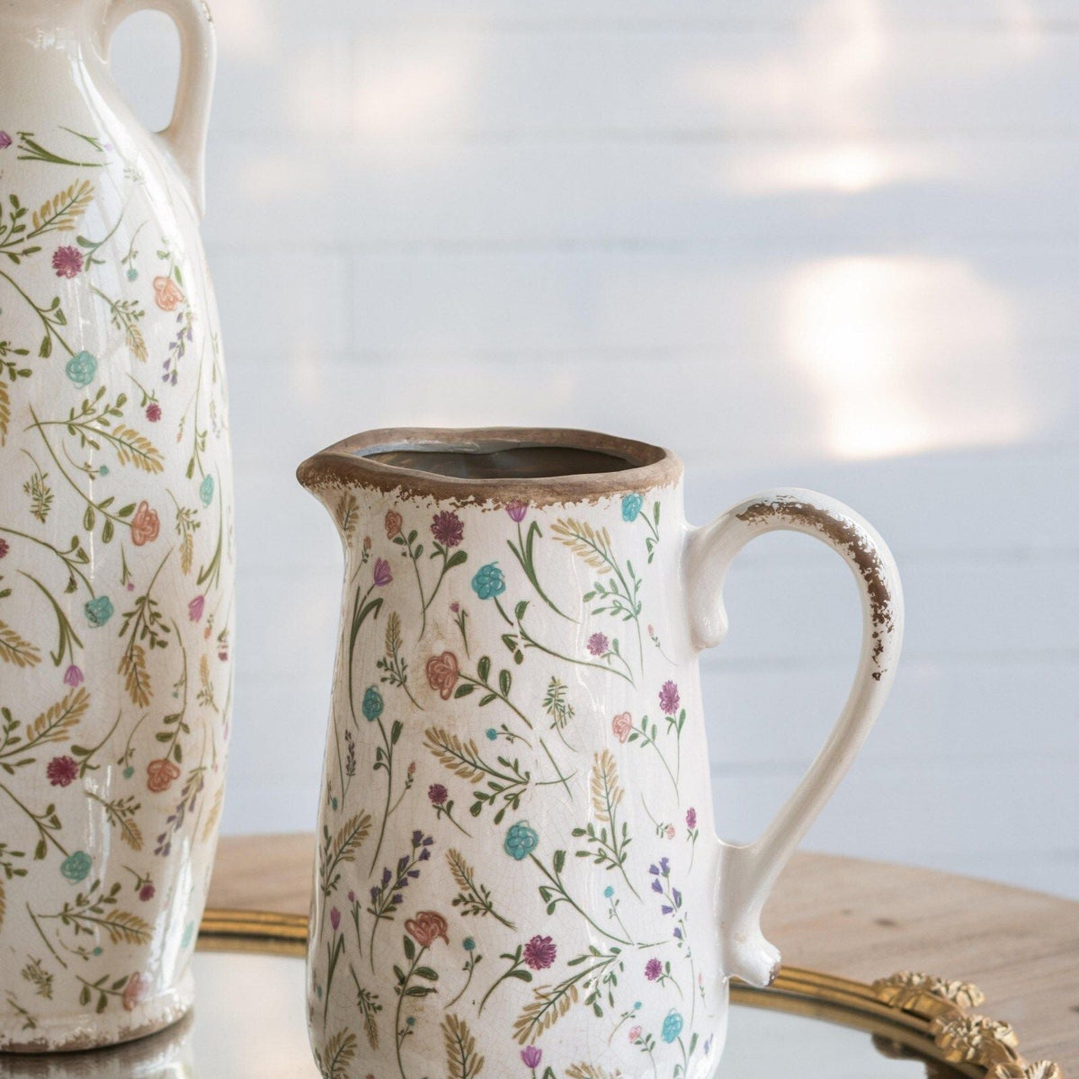 Ceramic Pitcher Vase with Floral Motif and Textured Rim