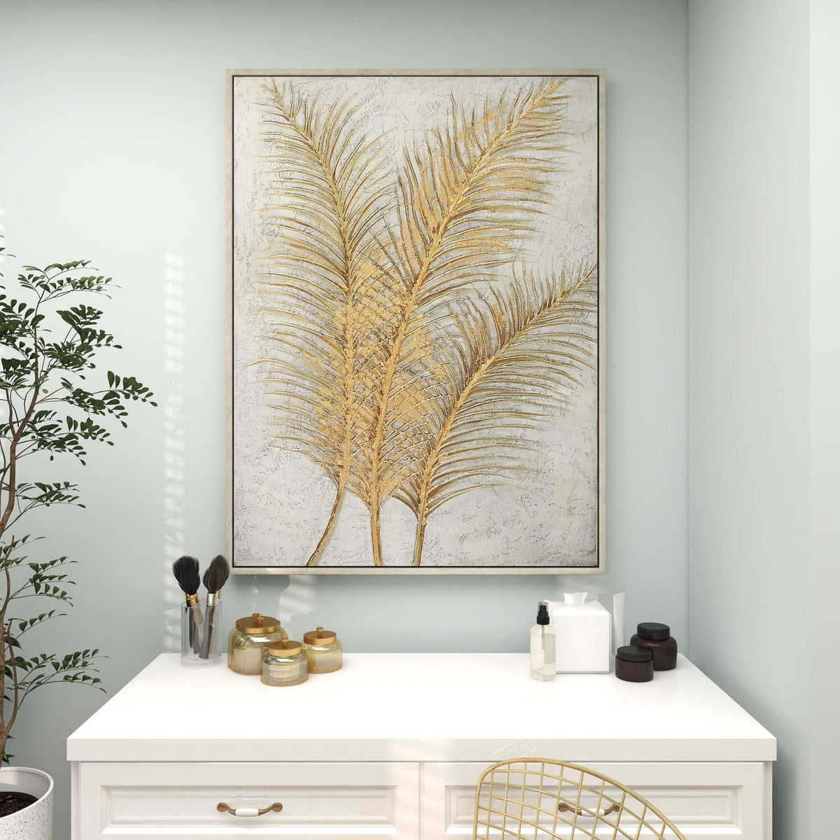 CosmoLiving by Cosmopolitan Gold Canvas Leaf Framed Wall Art 43978