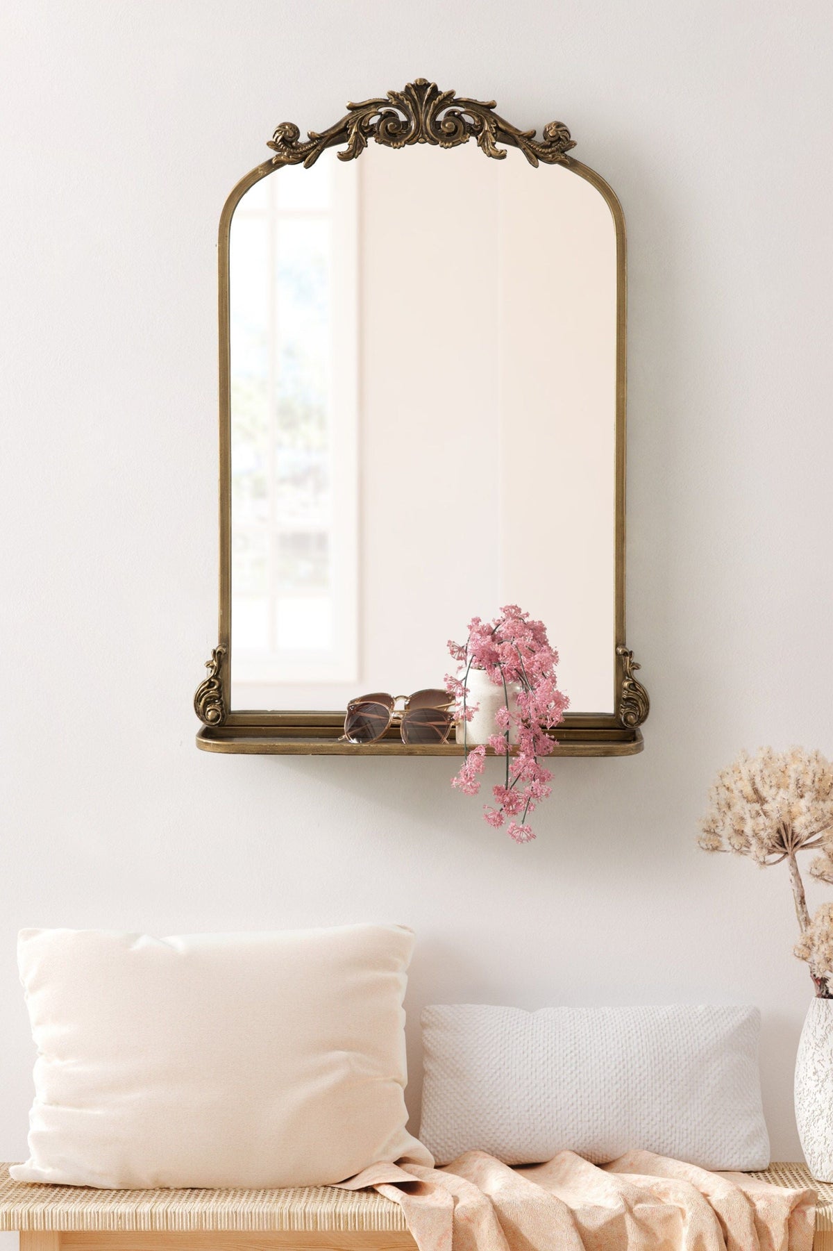 Kate and Laurel Gold Framed Wall Mirror with Shelf