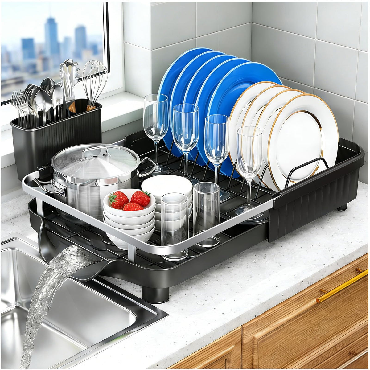 Expandable Stainless Steel Dish Drying Rack with Utensil Holder