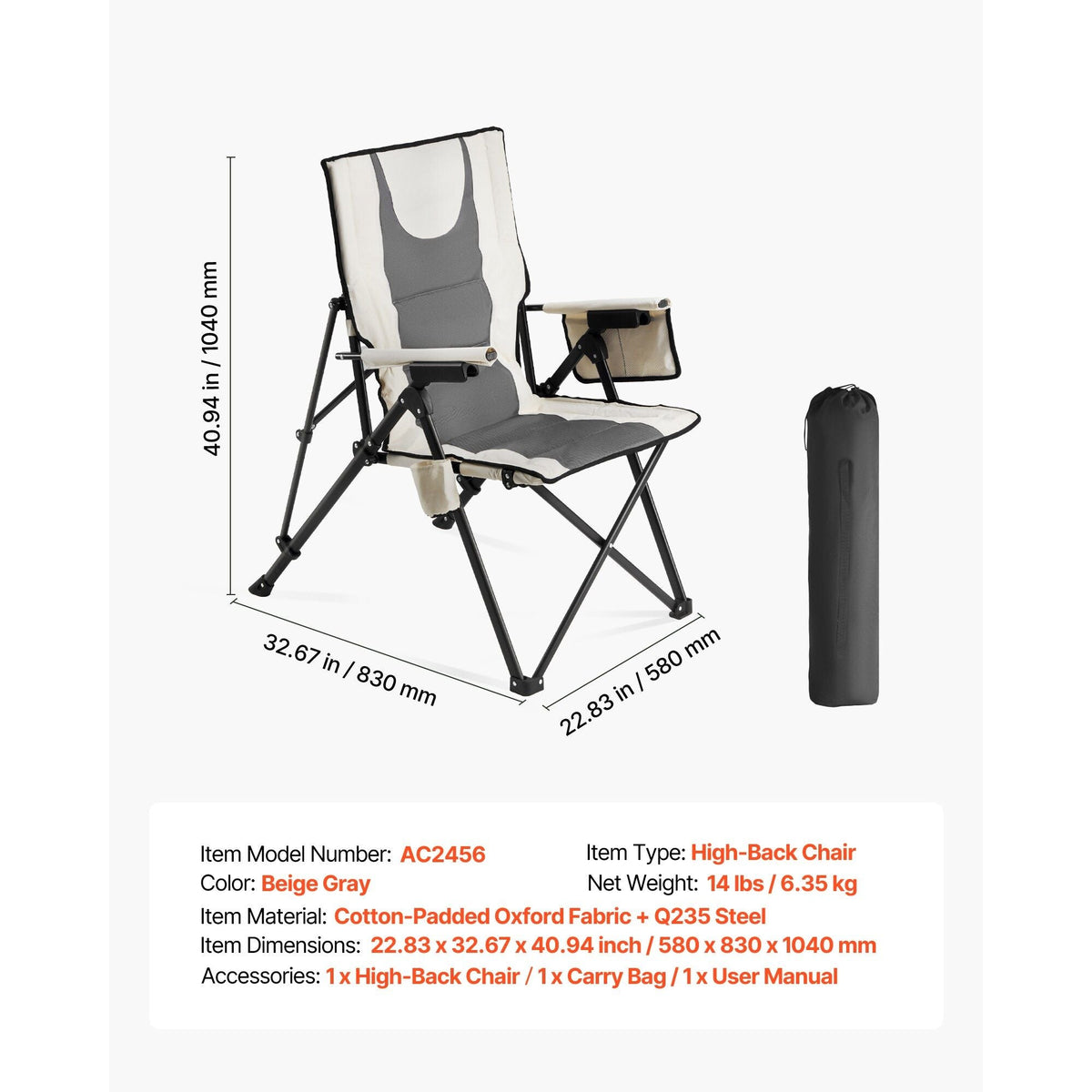 VEVOR Folding Camping Chair with Reclining Positions and Armrests