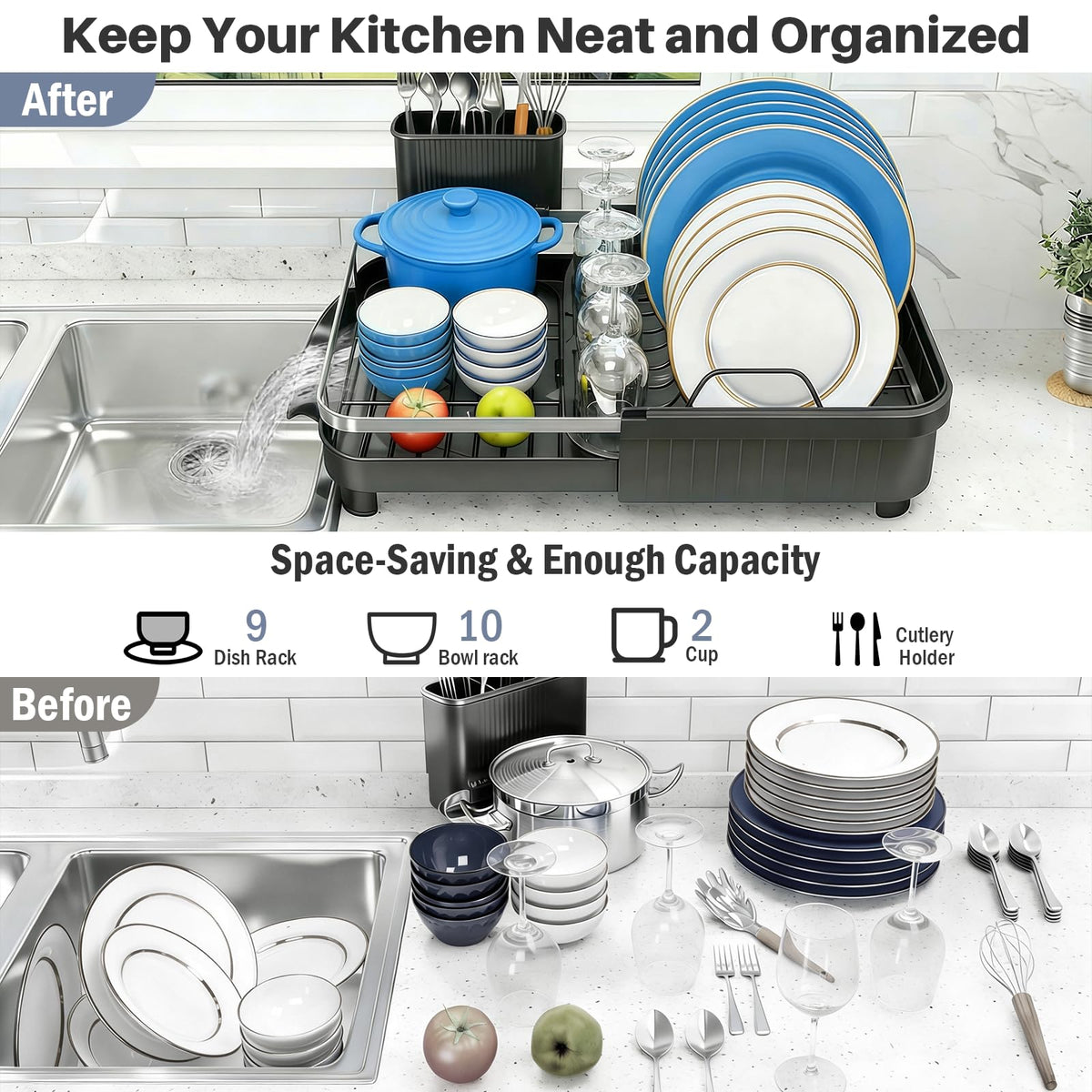 Expandable Stainless Steel Dish Drying Rack with Utensil Holder