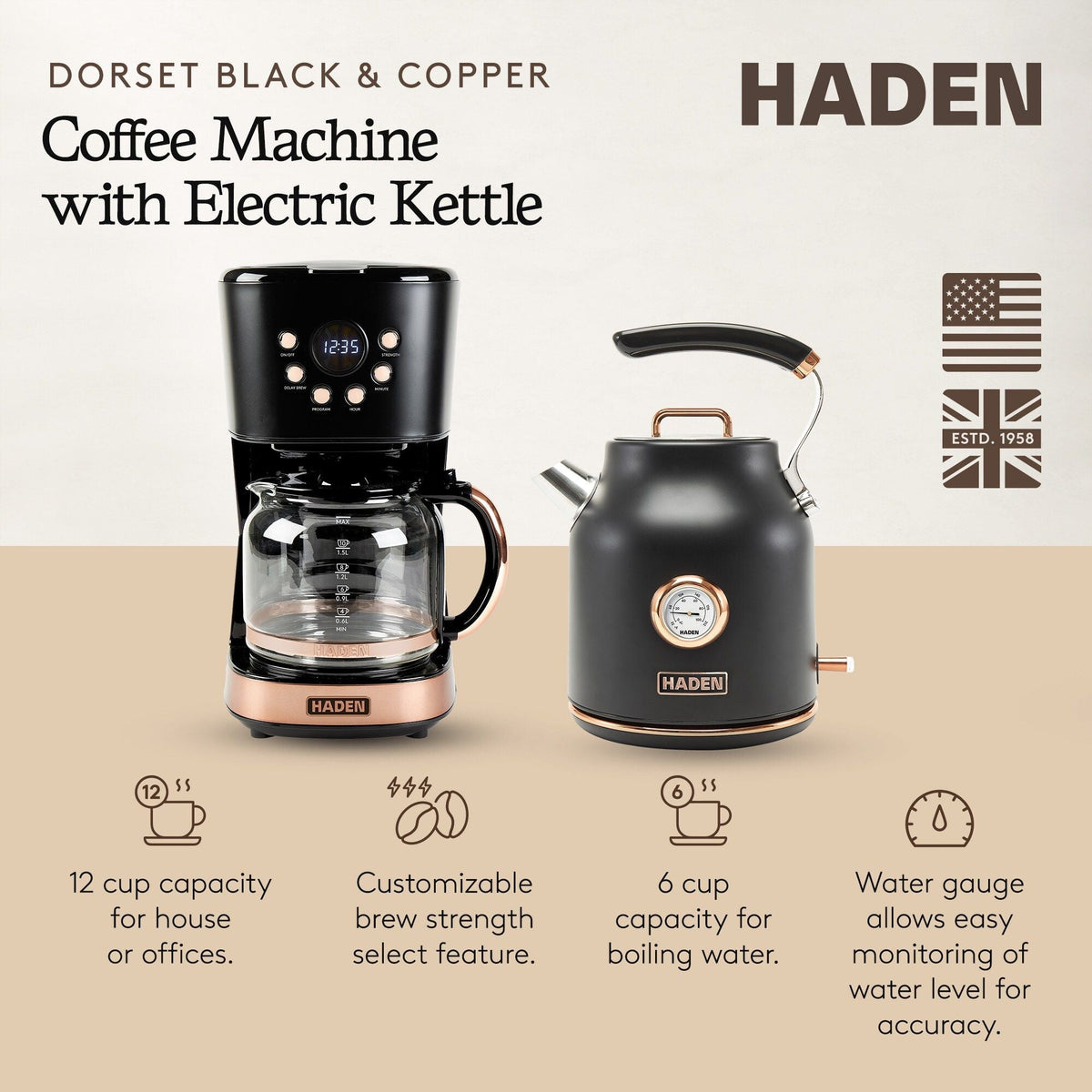 Haden Dorset 1.7L Kettle and 12-Cup Coffee Maker Black and Copper