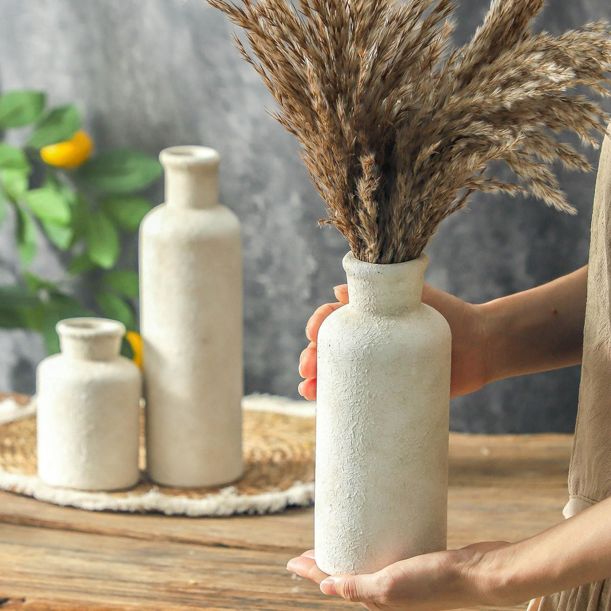 Whitewashed Neutral Ceramic Decorative Flower Vases Set