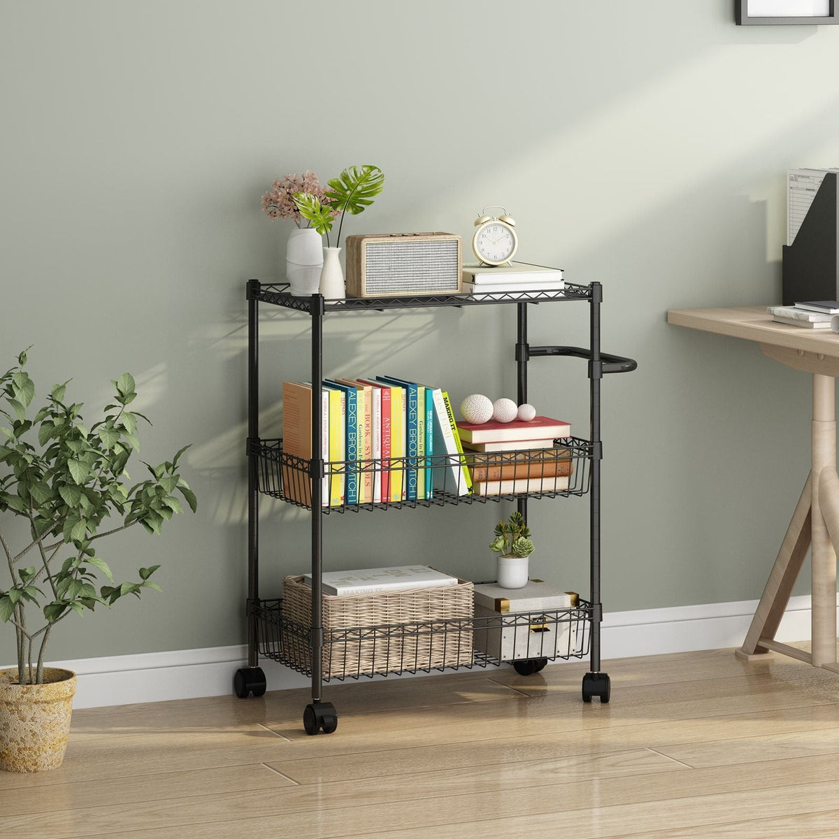 DEXSO Black 3-Tier Metal Rolling Utility Cart J8-F6NA8DCTBTJ