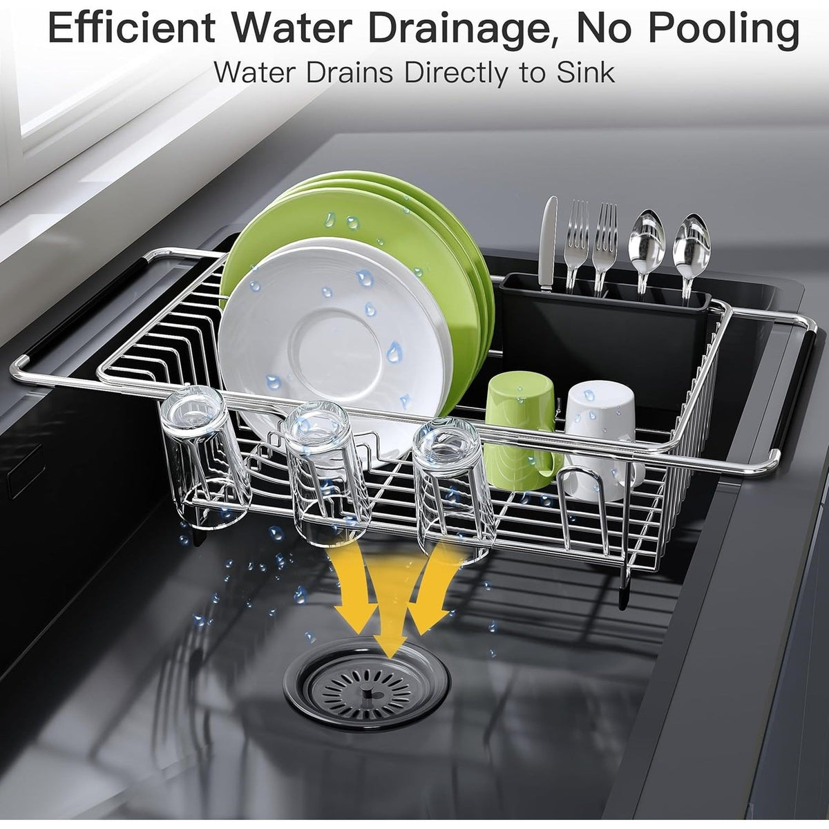 Expandable Stainless Steel Dish Drying Rack with Utensil Holder