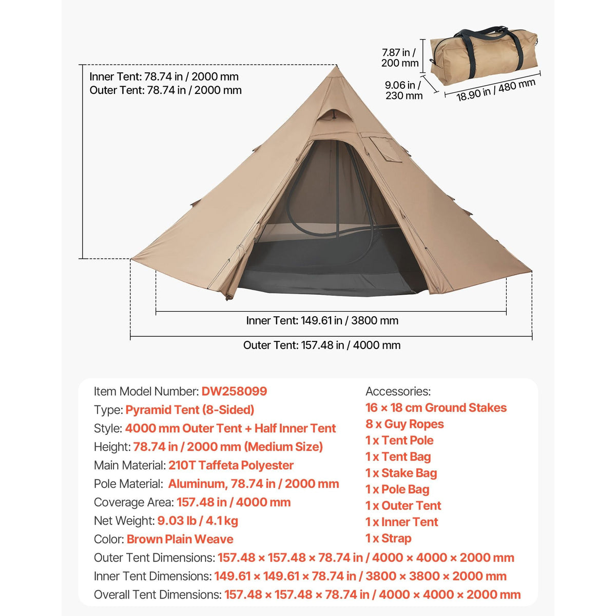 VEVOR Polyester 4-Person Camping Tipi Hot Tent with Stove Jack and Inner Tent