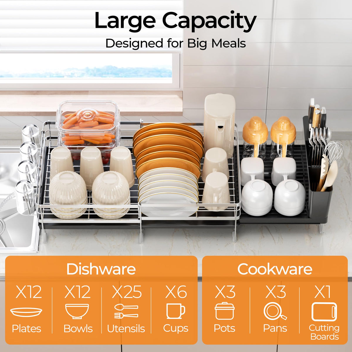 Stainless Steel Expandable Dish Drying Rack with Drainboard