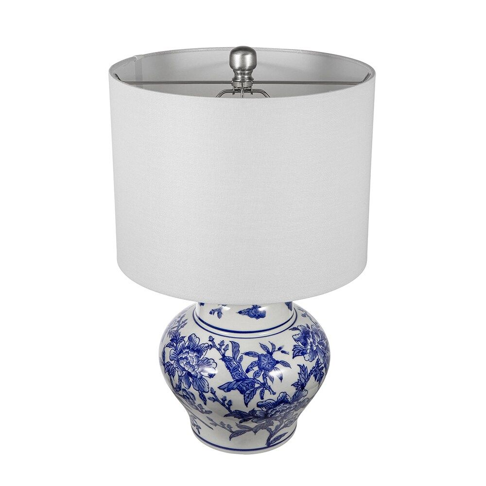 Blue and White Ceramic Vase Table Lamp with White Linen Shade