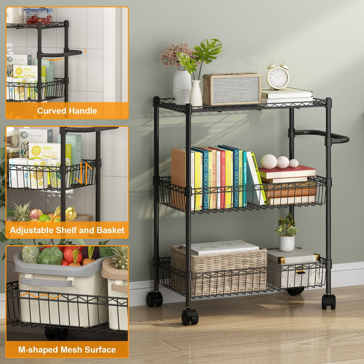 DEXSO Black 3-Tier Metal Rolling Utility Cart J8-F6NA8DCTBTJ