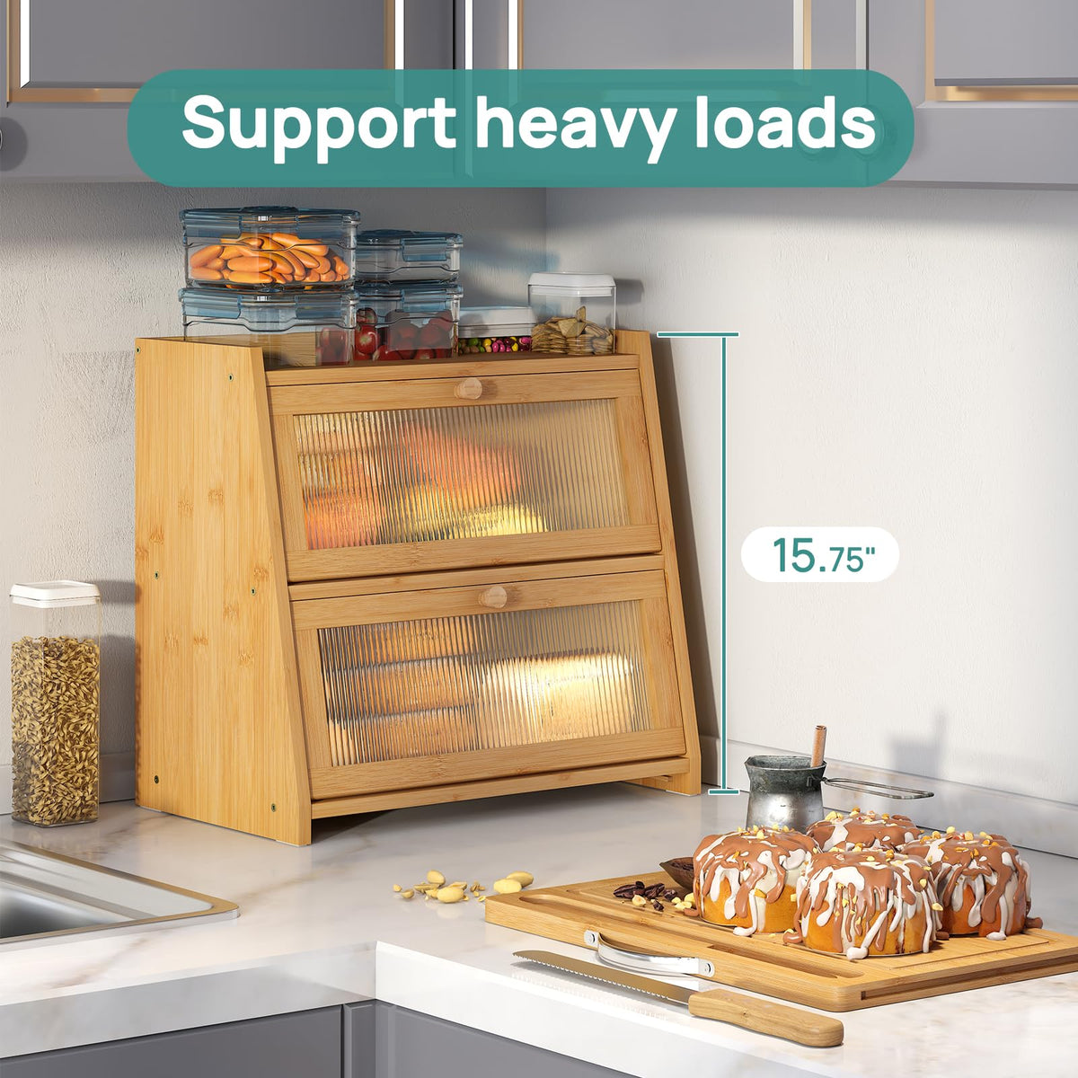 Aoibox 2-Tier Bamboo Bread Box with Cutting Board LABH3URP