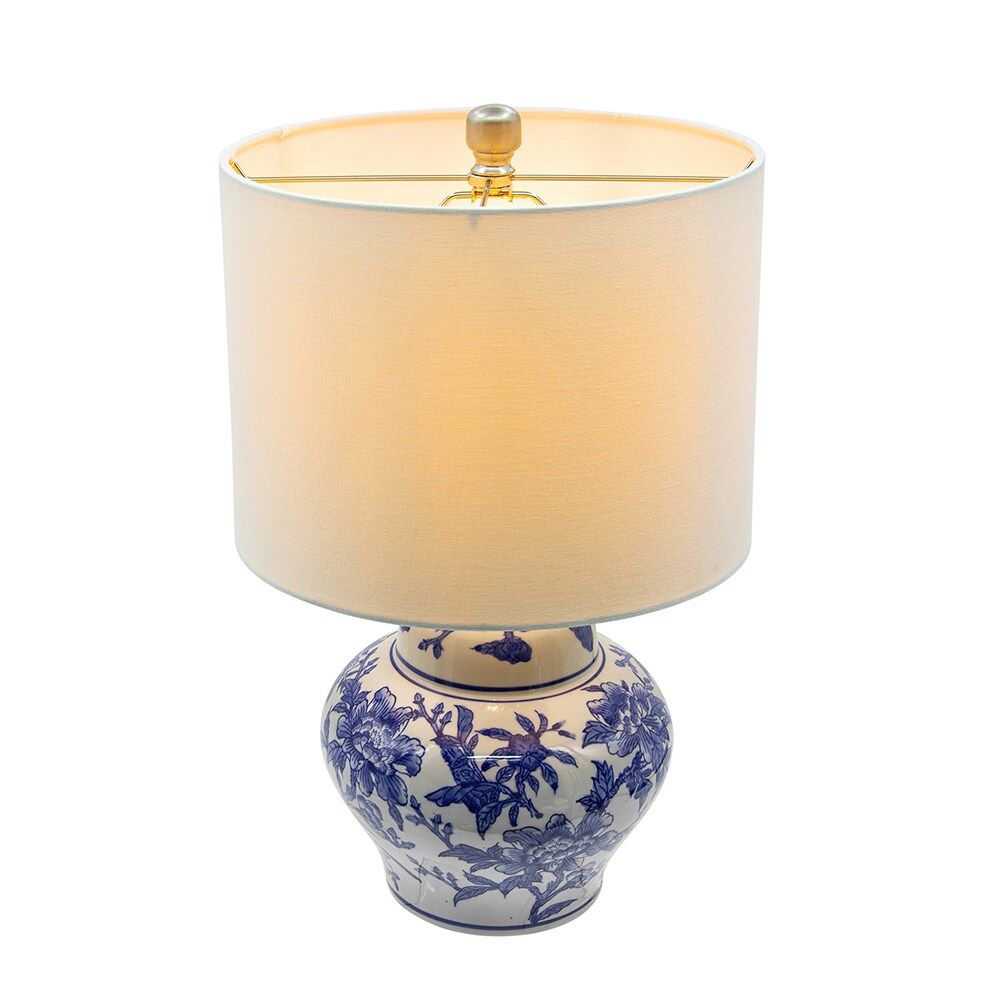Blue and White Ceramic Vase Table Lamp with White Linen Shade