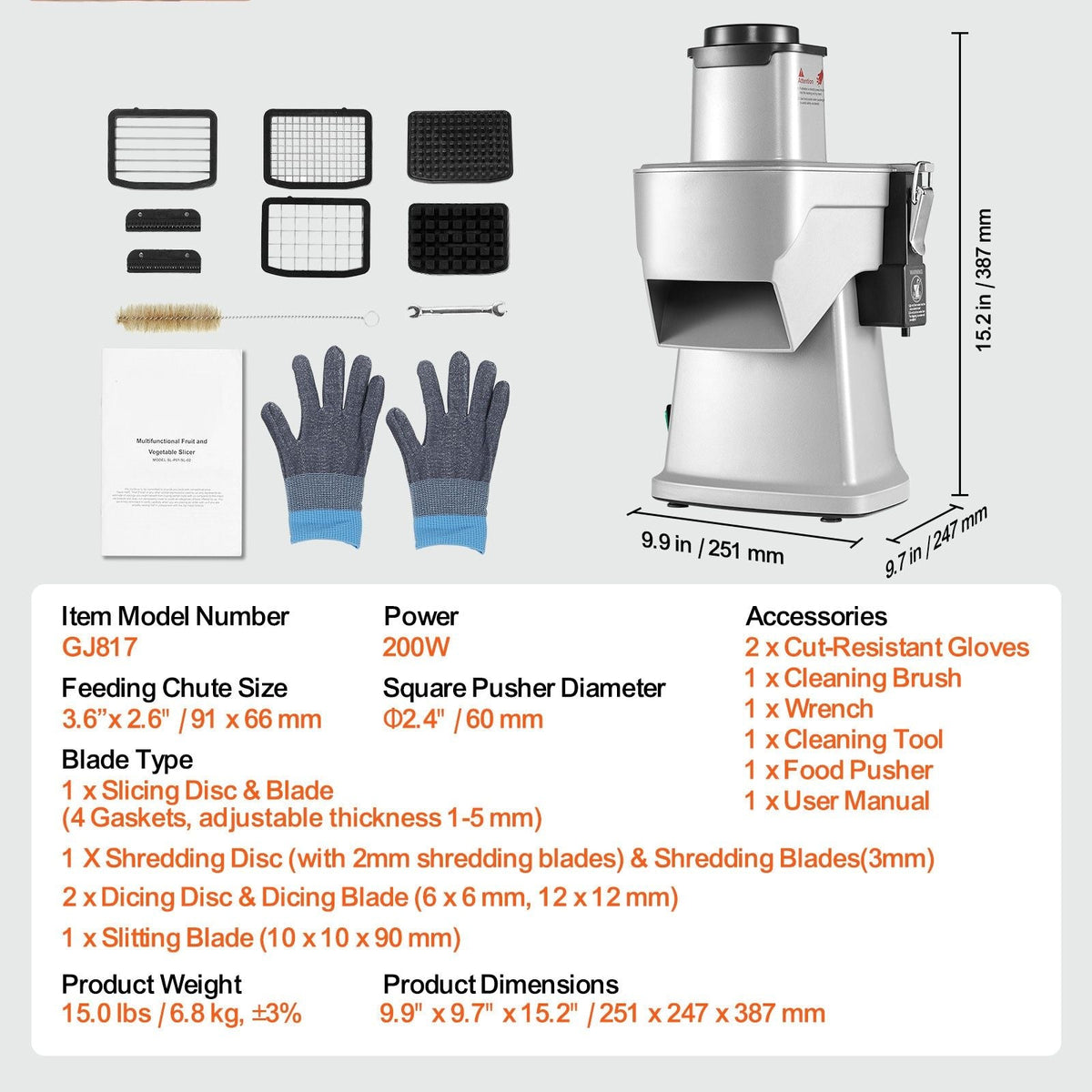 VEVOR 4-in-1 Electric Vegetable Slicer and Chopper with Cut-Resistant Gloves