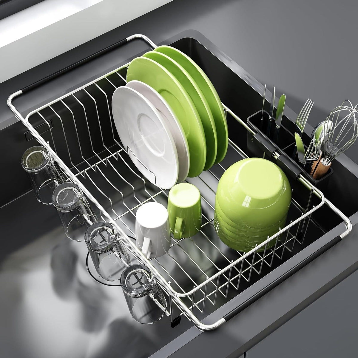 Expandable Stainless Steel Dish Drying Rack with Utensil Holder