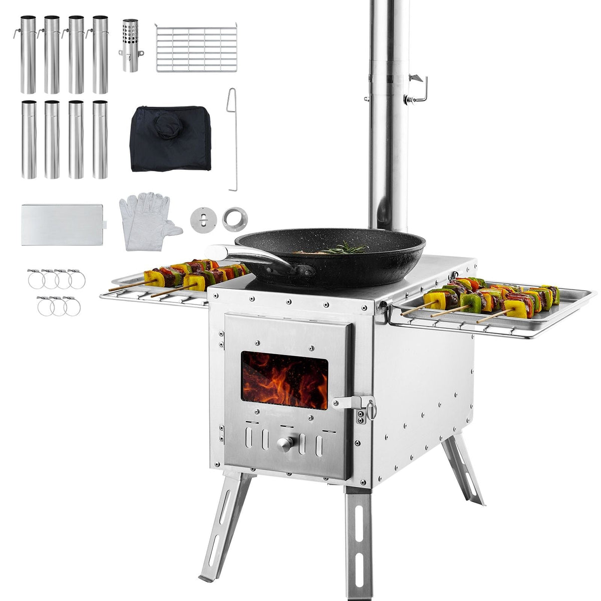 VEVOR Stainless Steel Camping Tent Wood Stove with Chimney Pipes and Gloves