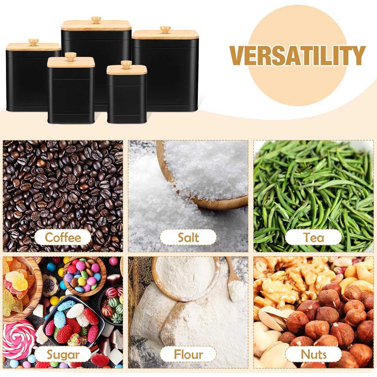 5-Piece Metal Kitchen Canister Set with Bamboo Lids