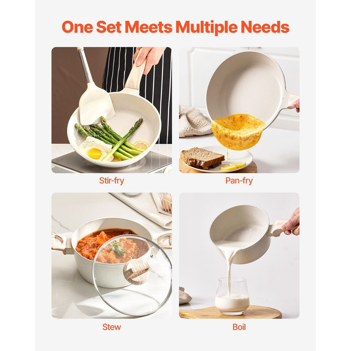 VEVOR 17-Piece Granite Nonstick Cookware Set with Lids White