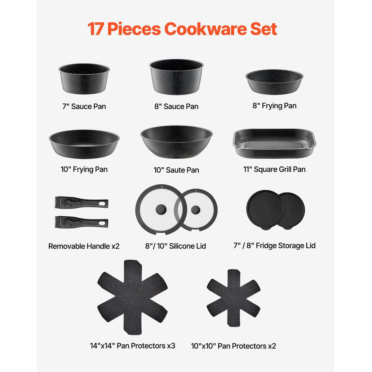 VEVOR 17-Piece Granite Nonstick Cookware Set with Lids Black