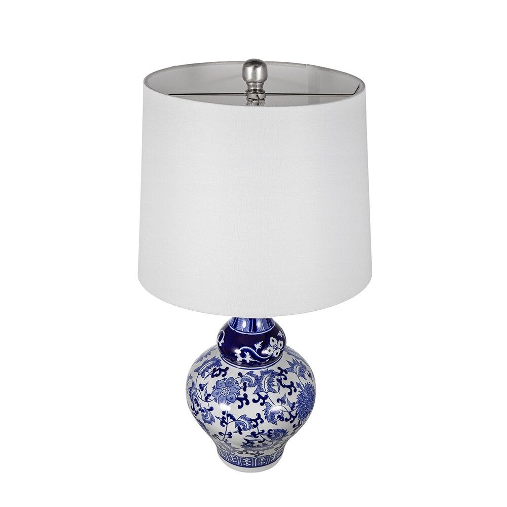 Blue and White Ceramic Vase Table Lamp with White Linen Shade