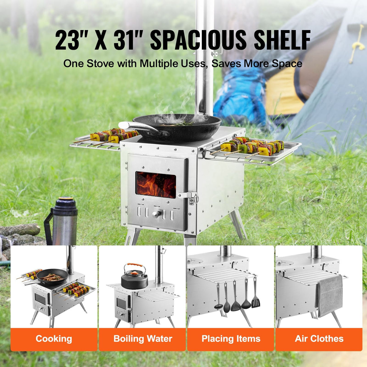 VEVOR Stainless Steel Camping Tent Wood Stove with Chimney Pipes and Gloves
