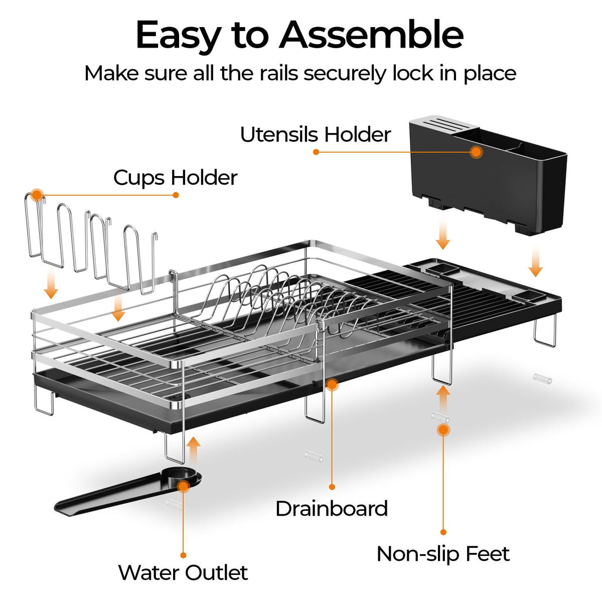 Stainless Steel Expandable Dish Drying Rack with Drainboard