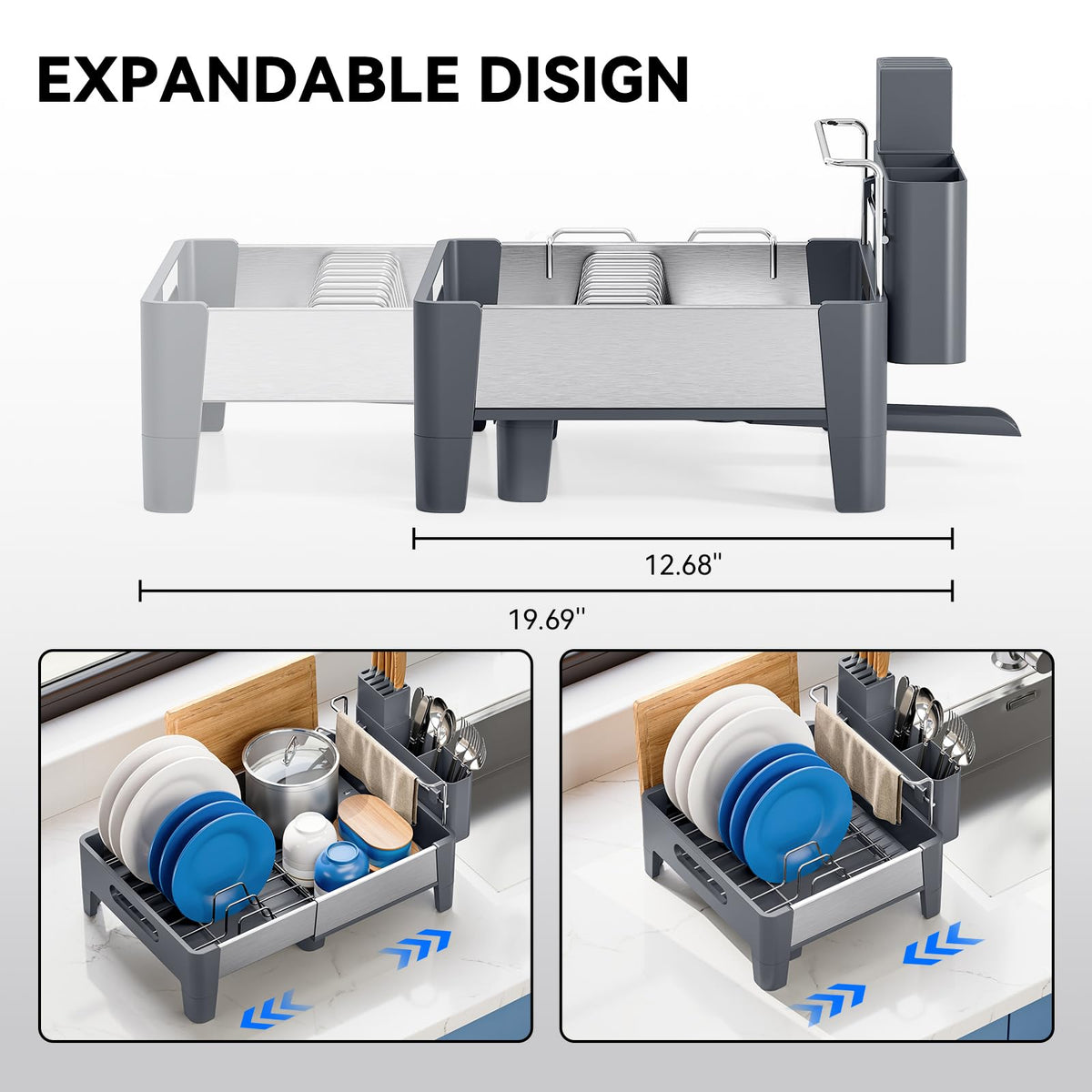 Expandable Stainless Steel and Aluminum Dish Drying Rack with Utensil Holder