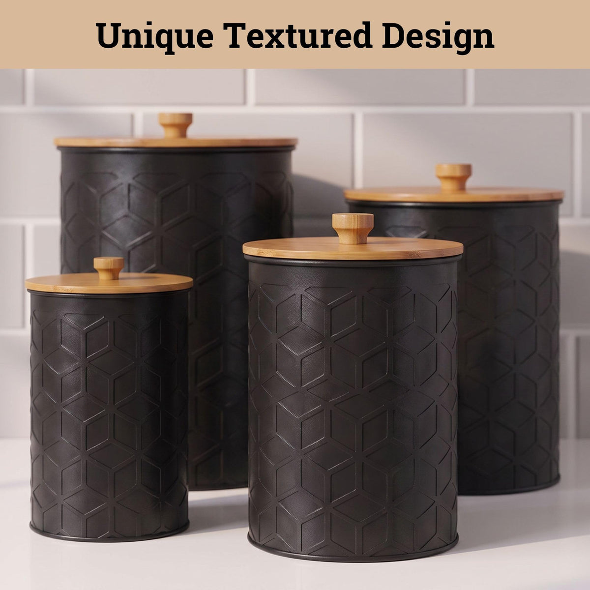 Black Textured Iron Kitchen Canisters Set of 4