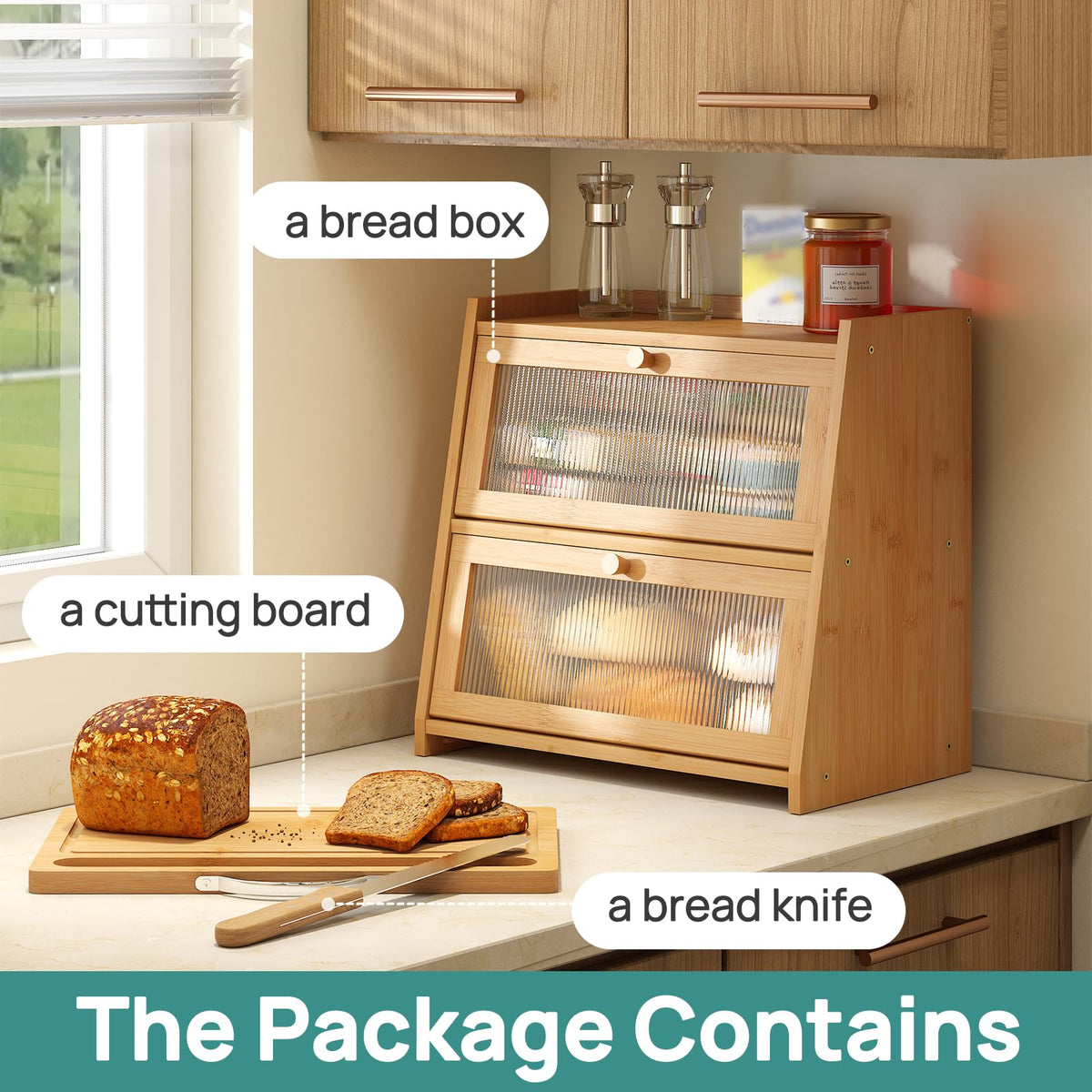 Aoibox 2-Tier Bamboo Bread Box with Cutting Board LABH3URP