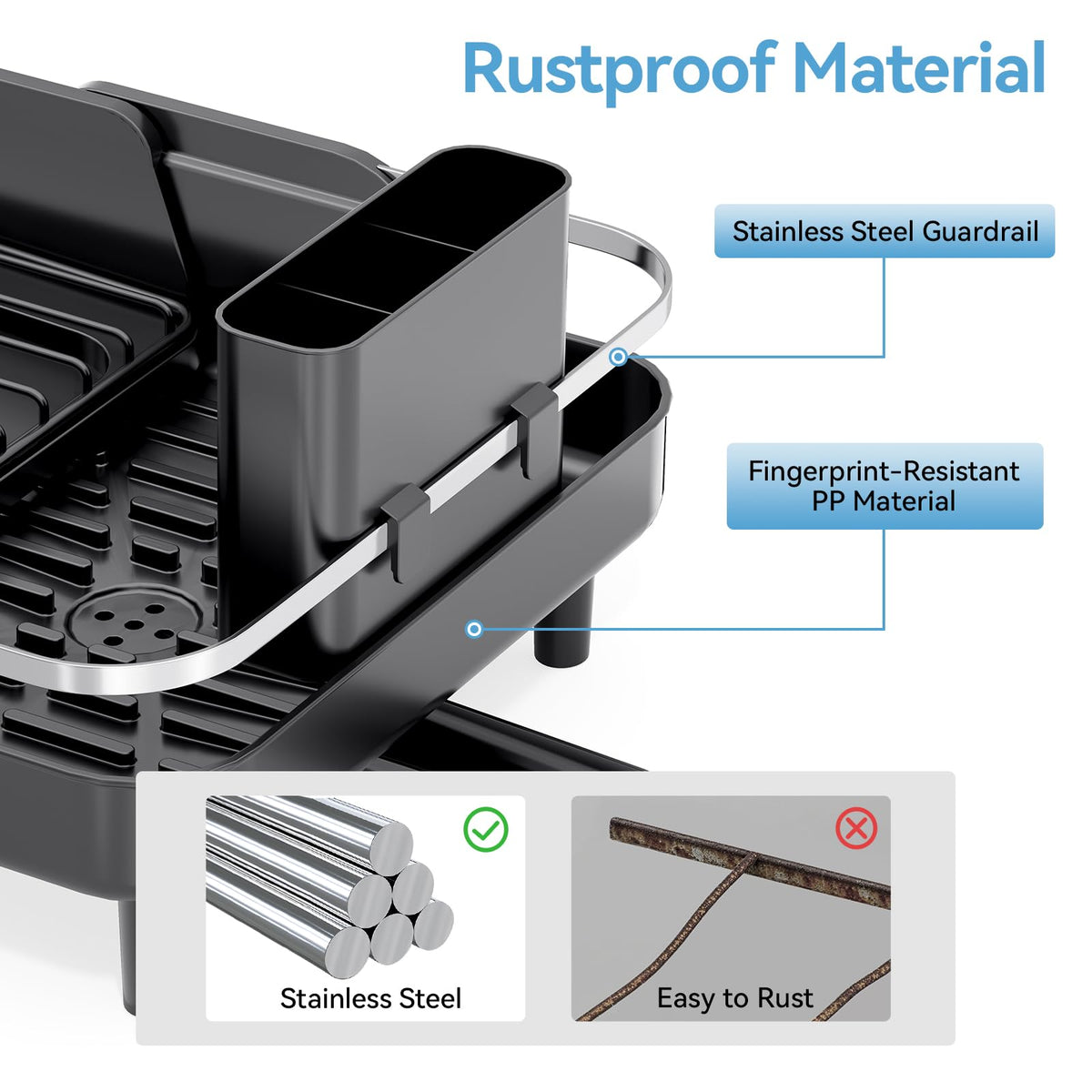 Expandable Stainless Steel Dish Drying Rack with Spout Black