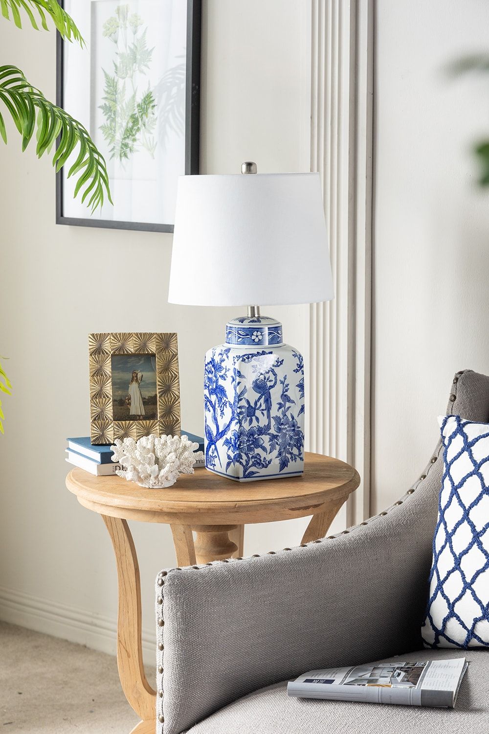Misty Moon Blue and White Ceramic Vase Table Lamp with White Linen Shade
