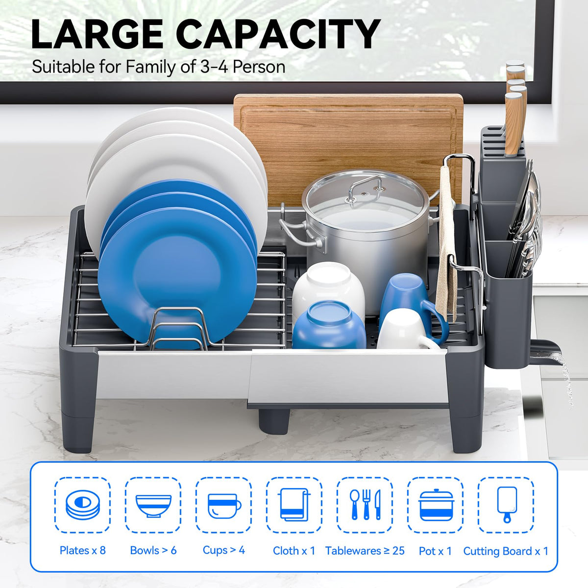 Expandable Stainless Steel and Aluminum Dish Drying Rack with Utensil Holder
