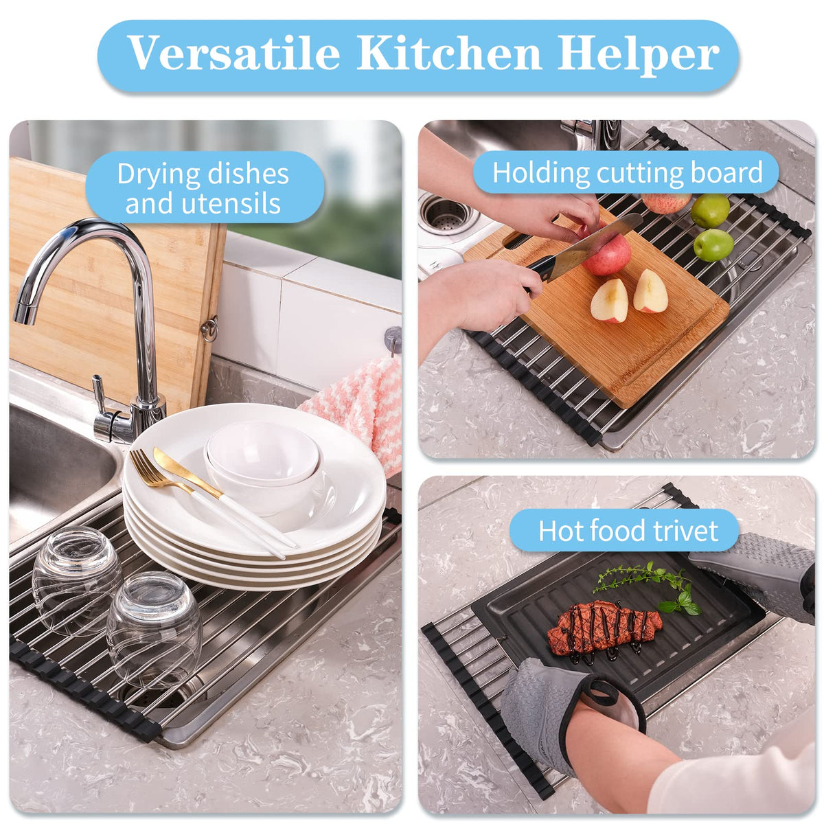 Roll Up Stainless Steel Dish Drying Rack with Silicone Edges