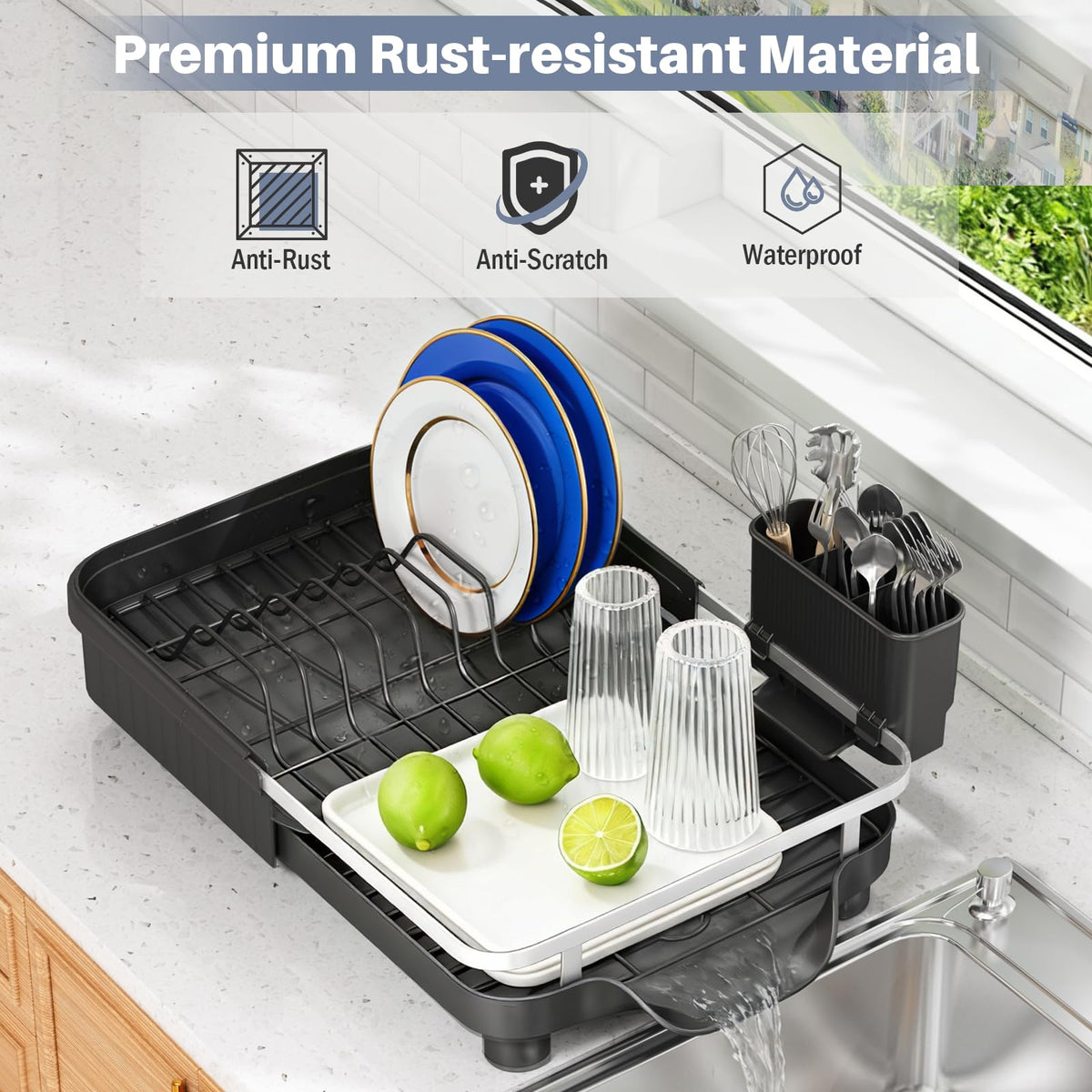 Expandable Stainless Steel Dish Drying Rack with Utensil Holder