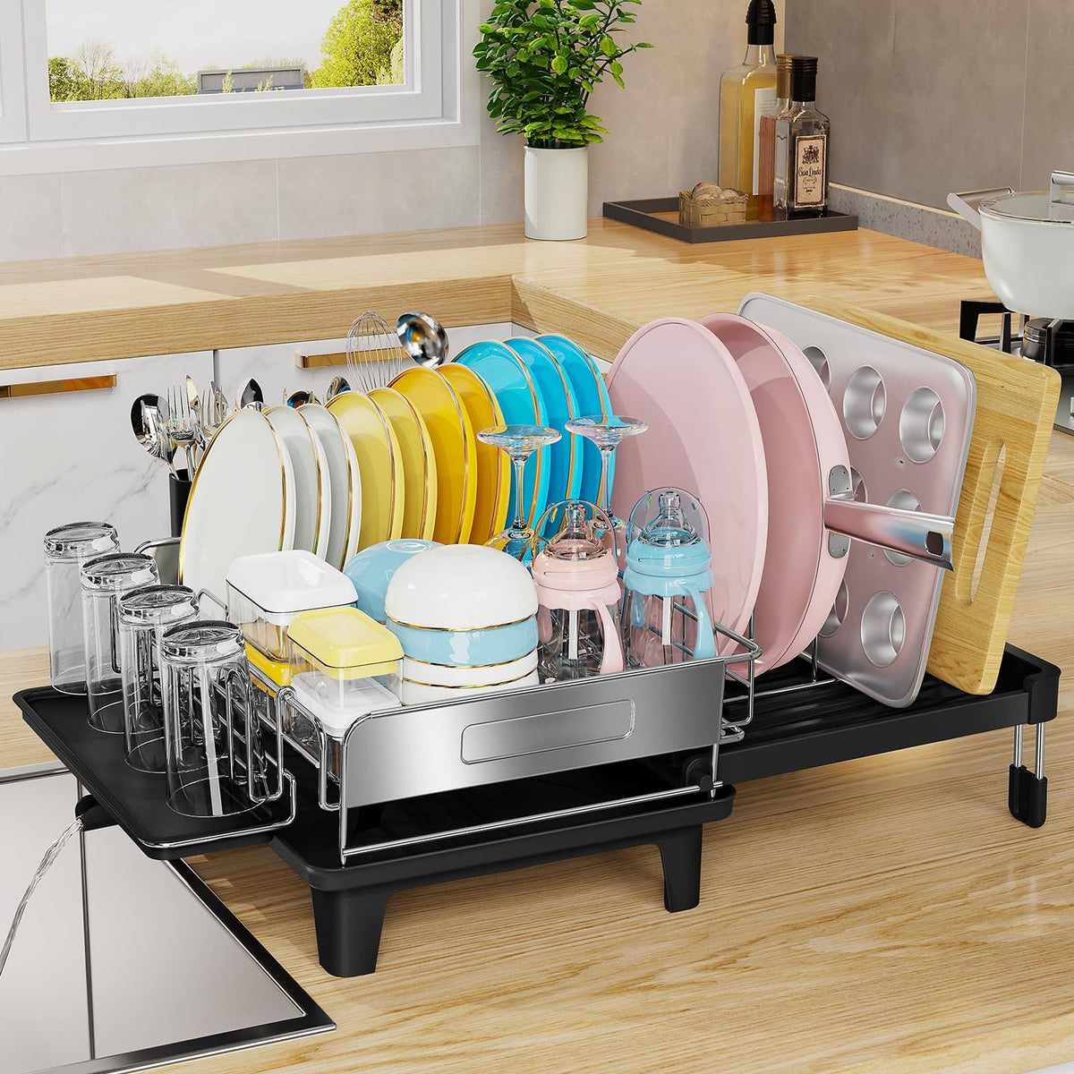 Expandable 304 Stainless Steel Dish Drying Rack with Retractable Drainboard