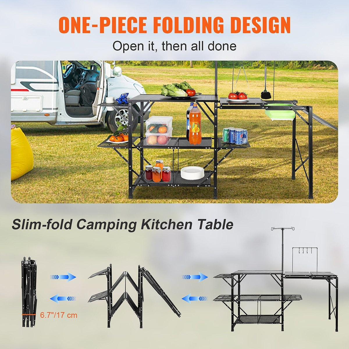 VEVOR Aluminum Folding Camping Table with Lamp Pole and Carry Bag
